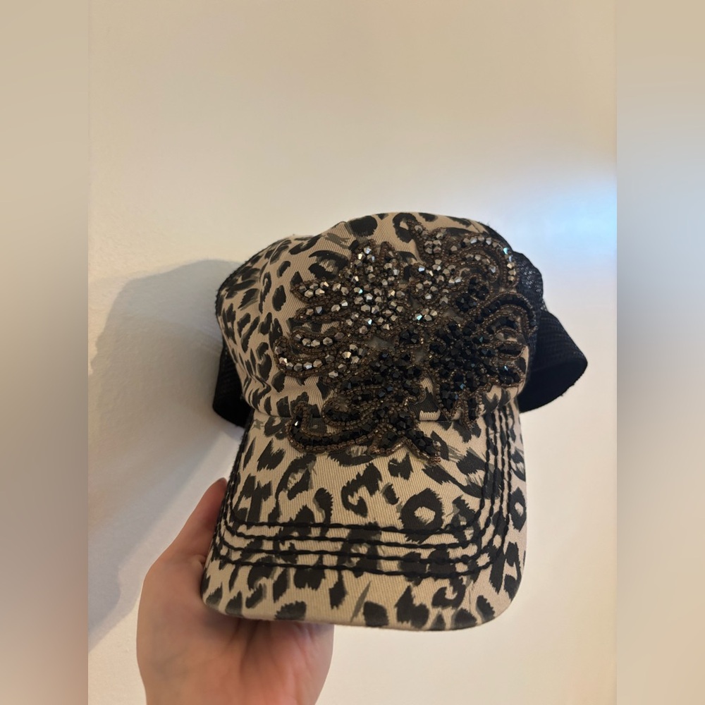 Buckle Leopard Print Trucker Hat with Embellishments